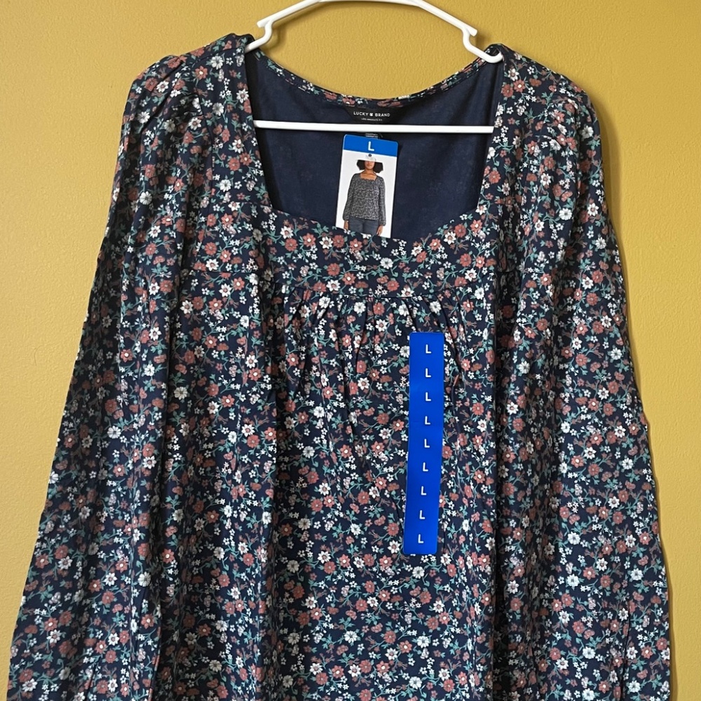 Lucky Brand Women's Floral Navy Long Sleeve Top